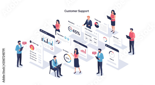 Isometric customer support team managing data and analytics with digital interfaces.