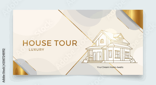Luxury house tour banner template with golden accents and architectural line art.