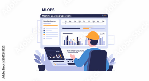 Machine learning operations engineer monitoring data and model performance metrics on dashboard.