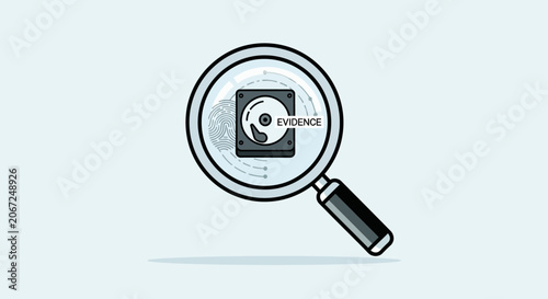 Magnifying glass examining a hard drive disk labeled as digital evidence.