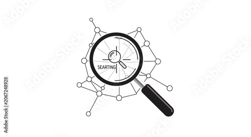Magnifying glass examining complex digital network connections.