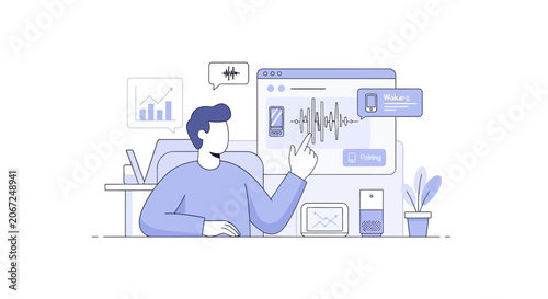 Male analyst interacting with digital data charts and graphs illustration.