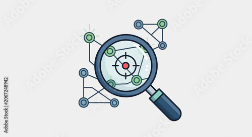 Magnifying glass examining network nodes and central target icon.