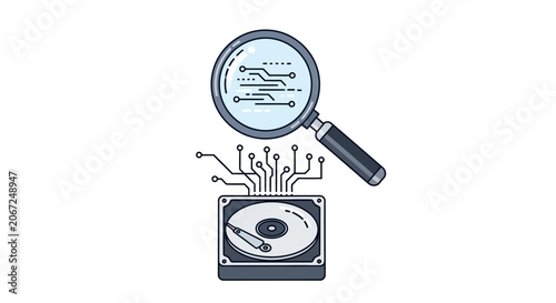 Magnifying glass examining a computer hard drive disk with digital circuit board lines.