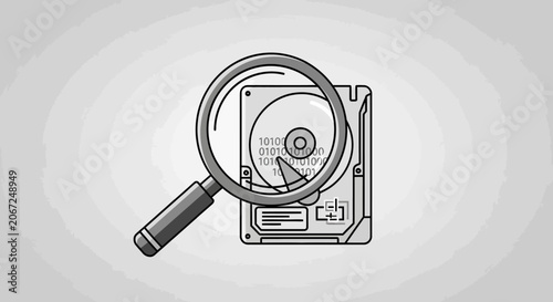 Magnifying glass inspecting a computer hard drive for digital data recovery and forensics analysis.