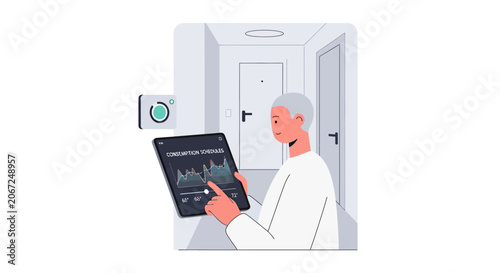 Man with grey hair using a digital tablet for data monitoring and smart home control.