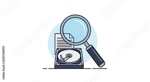 Magnifying glass over hard drive and document icon for data search.
