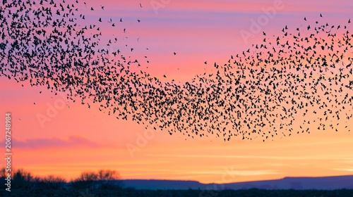 Starling Murmuration in Pink Sunset Sky