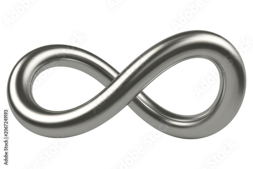A metallic infinity symbol with a smooth, reflective silver surface, representing the concept of eternity and endlessness on black