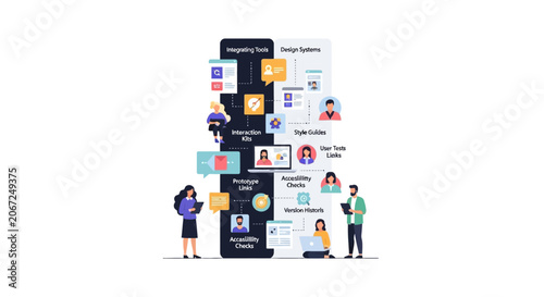 Modern flat illustration of digital health platform with people and interface elements.