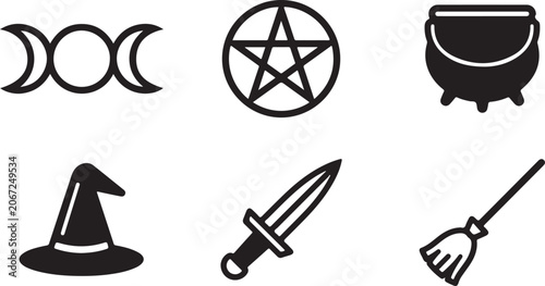 Foto Black and white witchcraft symbols and objects set Vector