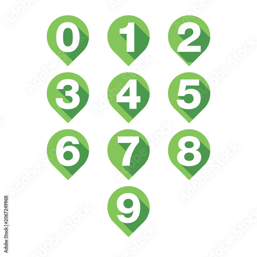 Green location pin number icons with long shadow effect. Suitable for maps, navigation systems, GPS applications, location markers and infographic designs.