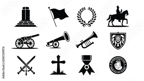 фотографія Historical monument and military honor icons set with antique cavalry and merit symbols
