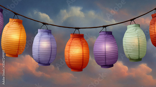 a colorful string of glowing paper lanterns suspended against a cloudy, dusk-time sky, creating a festive and warm atmosphere.