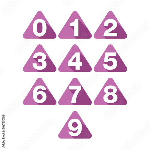 Purple triangular number icons with flat long shadow style. Modern educational and infographic elements suitable for apps, presentations and learning materials.