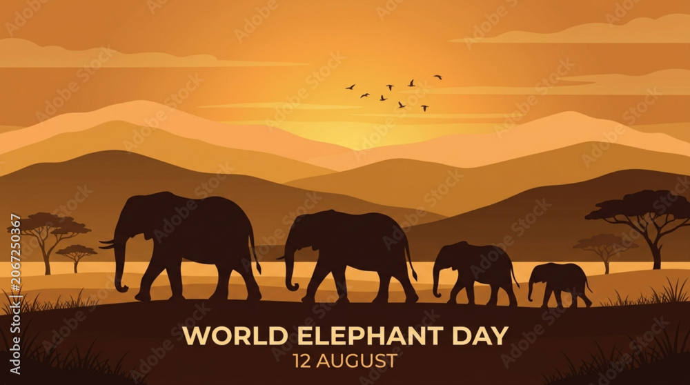 Fototapeta premium World Elephant Day banner vector with elephant family silhouette sunset