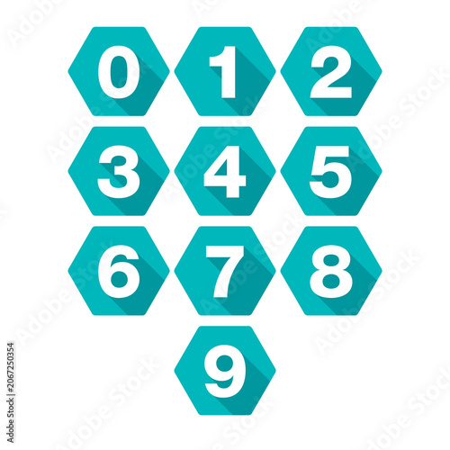 Modern hexagon number icon set with turquoise color and long shadow effect. Suitable for infographics, business presentations, educational projects and technology interfaces.