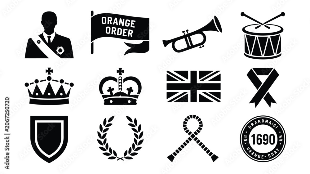 Fototapeta premium Orange order fraternal organization icons set with union jack flag and marching band tools.