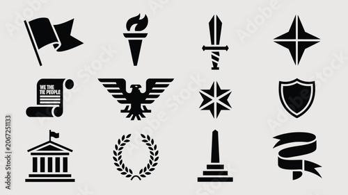 Photos Federal government symbol set featuring eagle constitution and classic architecture icons