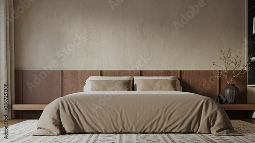 The modern minimal mock up design of bedroom interior have wooden side table, modern bed with wooden head bed and concrete wall background. 3d render.