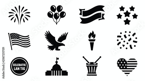 Set of black independence day vector icons, american celebration and patriotic symbols.