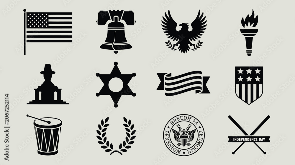 Fototapeta premium Independence day symbol set with eagle flag liberty bell and drum vector silhouette icons.