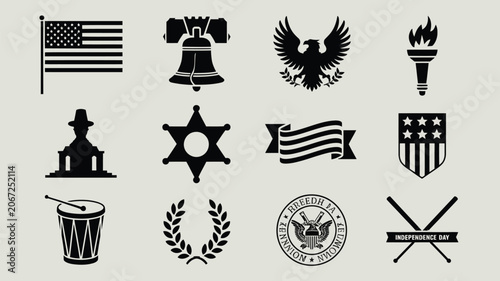 Independence day symbol set with eagle flag liberty bell and drum vector silhouette icons.