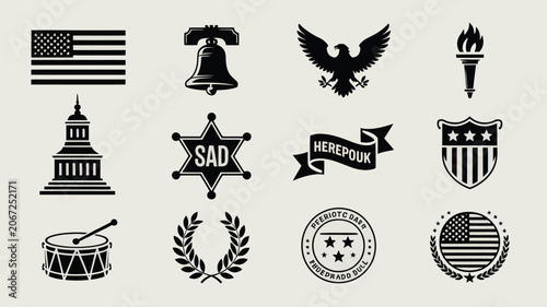 Patriotic icon set including capitol building drum wreath and sheriff star vector elements.