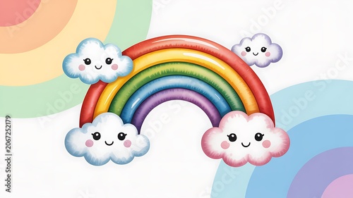 Cheerful cartoon rainbow with smiling fluffy clouds against a soft pastel background with colorful arches