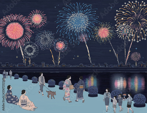 和風レトロな花火大会を楽しむ浴衣姿夏祭り