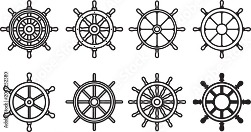 Foto Various styles of vintage ship steering wheels illustration Vector