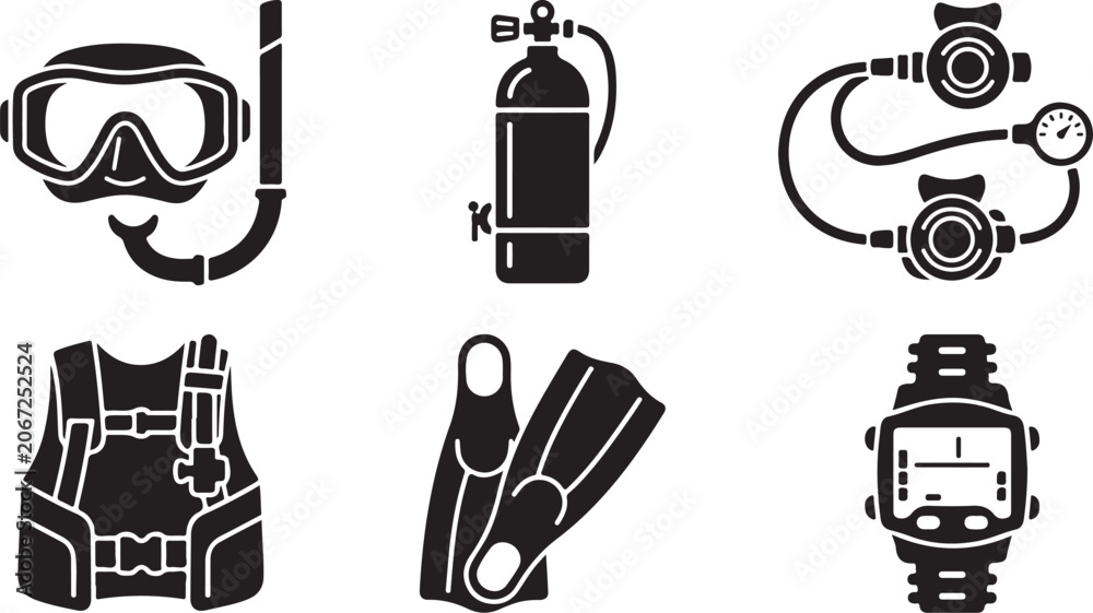 Fotografie Scuba diving equipment set icons collection Vector