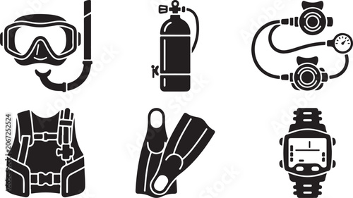 Fotografie Scuba diving equipment set icons collection Vector