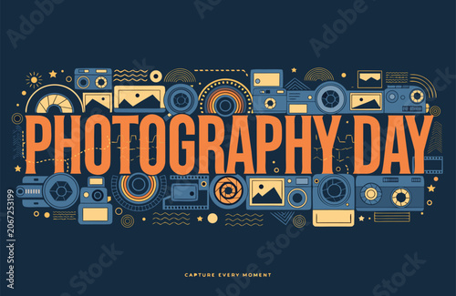 Fotografie Photography day lettering surrounded by vintage cameras with shutter speed photo