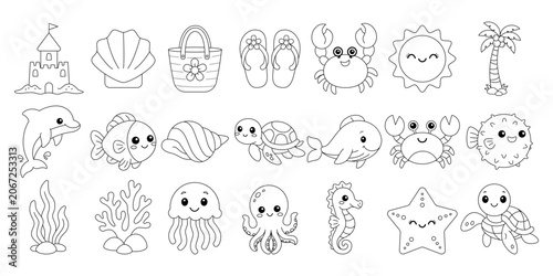Summer sea-themed line drawing with a white background, ready for coloring.