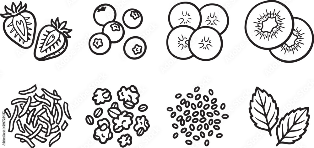 Fototapeta premium Black and white illustration of various fruits and seeds Vector