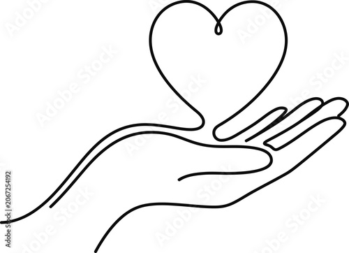 Minimalist continuous line art drawing of a human hand holding a heart symbol.