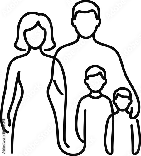 Minimalist line art illustration of a family unit with parents and two children.