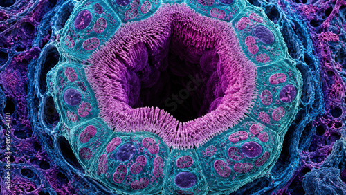 Colorful cross section of proximal convoluted tubule showing dense brush border, epithelial cell, and luminal surface under electron microscope scan