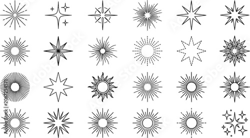 Set of Hand Drawn Sunbursts and Starburst Elements.