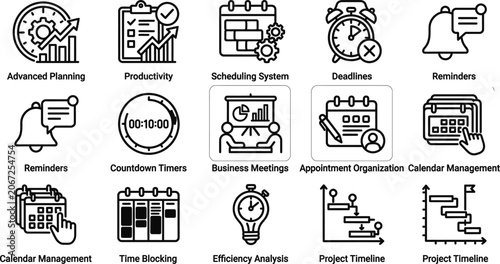 Set of project management and business planning line icons.