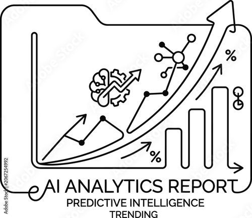 Artificial intelligence analytics report concept with predictive data intelligence and trending growth metrics.