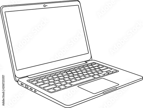 Black and white line art illustration of a modern laptop computer.