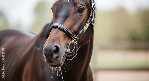 Woman with horse wearing ornate bridle outdoors.