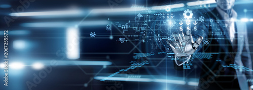 Core robot hand touch Enterprise Resource Planning suites. Integrating business processes and data management for operational efficiency. Unified systems streamline corporate resource usage.