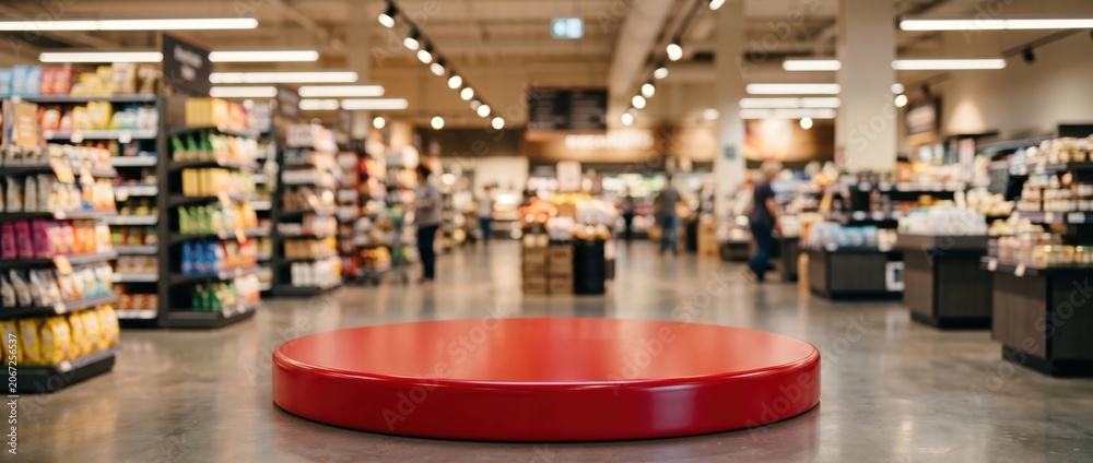 Obraz premium Modern Supermarket Interior with Red Display Platform and Blurred Background.