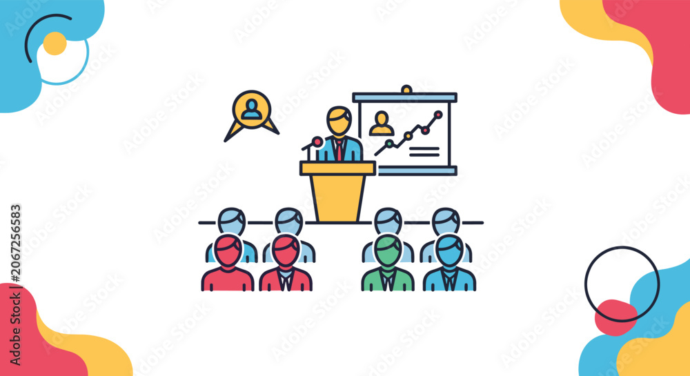 Fototapeta premium Business presentation illustration showing a speaker at a podium with an audience and data charts on a colorful abstract background.