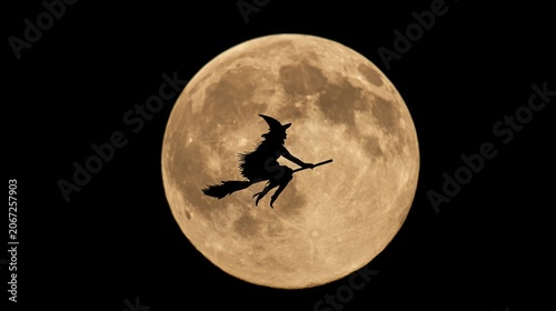 Silhouette of a witch flying on a broomstick against the moon