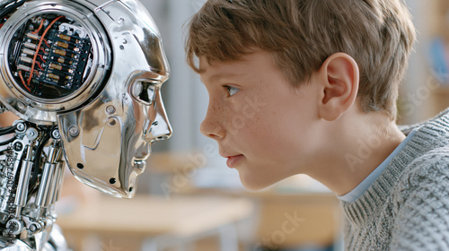 Child and Robot Face-to-Face in Warm Classroom Light, Curiosity and AI Meeting