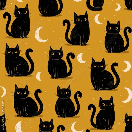 Cute Black Cats and Crescent Moons Pattern